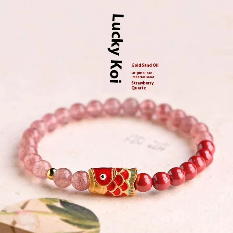 Women's koi purple cinnabar and strawberry quartz bracelet with retro style and peach blossom charm