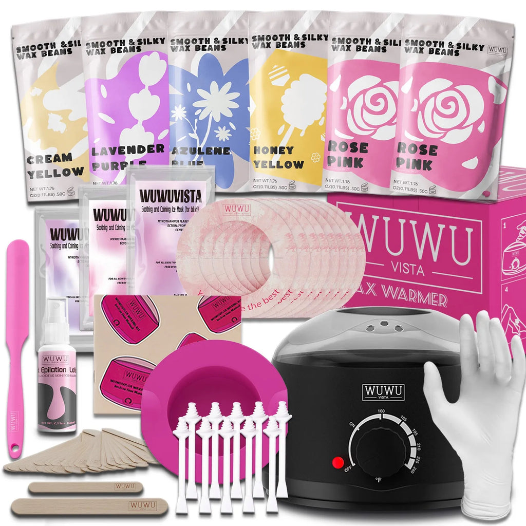 WUWUVISTA 56-piece professional waxing kit with wax warmer, coloured wax beads, tools, and aftercare products.
