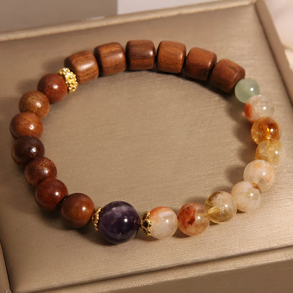 Pineapple yellow women's crystal bracelet with yellow tower crystal, ebony amethyst beads, pearl, rhinestone and sequin decorative elements