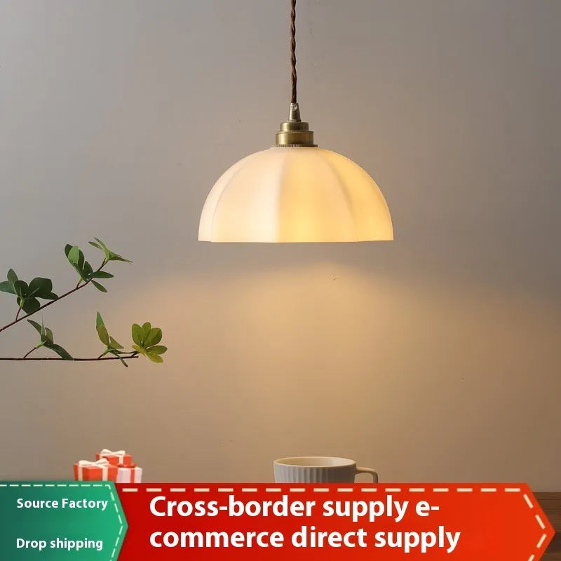 Brass Chinese style indoor droplight with copper glass shade for bedside or study lighting