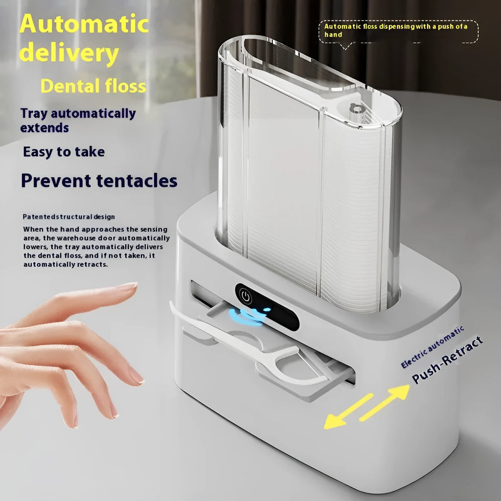 Automatic rechargeable dental floss box in dark grey, gold, and light grey colour options showing pop-up floss mechanism.