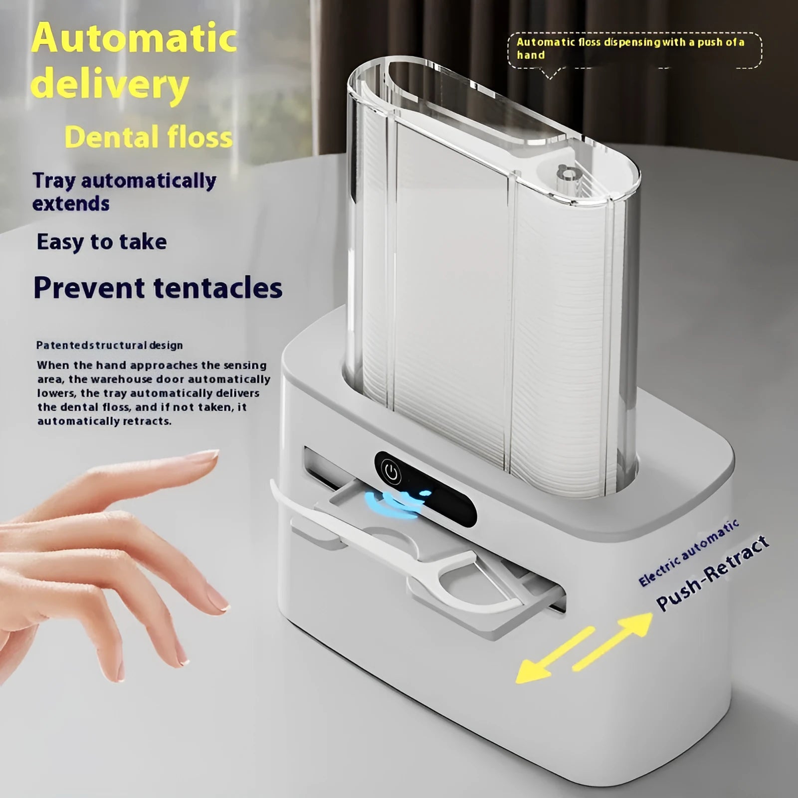 Automatic rechargeable dental floss box in dark grey, gold, and light grey colour options showing pop-up floss mechanism.