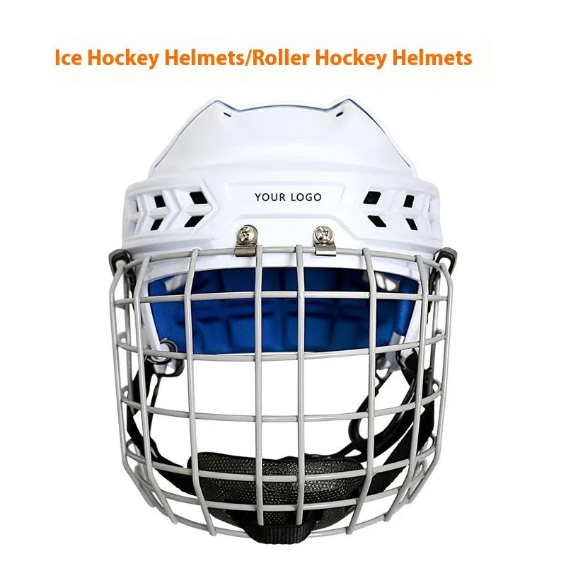 Ice hockey helmet with face mask showing PP shell construction and EVA lining in size options S M L XL