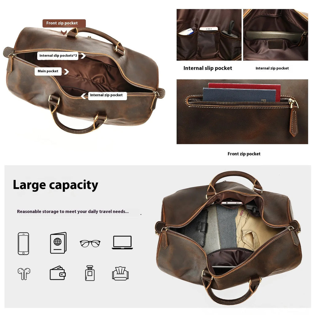 Men's brown leather crossbody bag with large main compartment showing textured cowhide exterior
