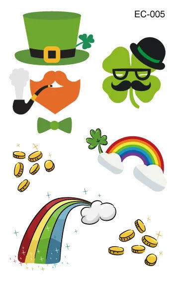 Temporary tattoo sticker sheet with St. Patrick's Day clover designs for Irish festival face painting