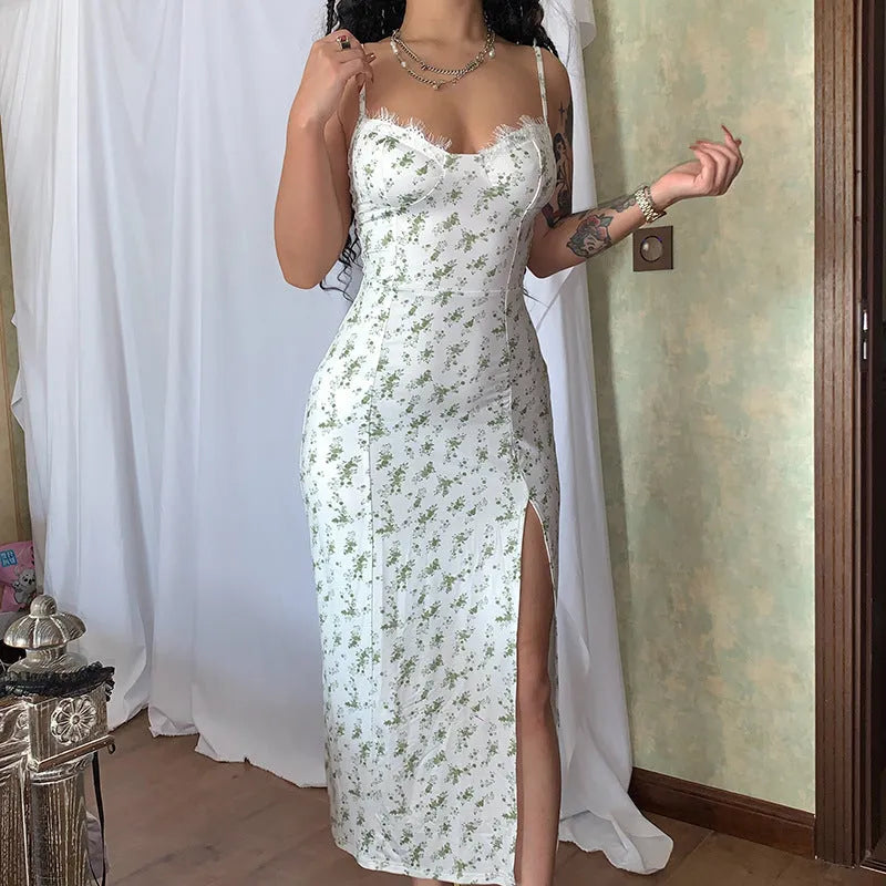 Women's lace print long dress with thigh slit and suspender straps in blue colour