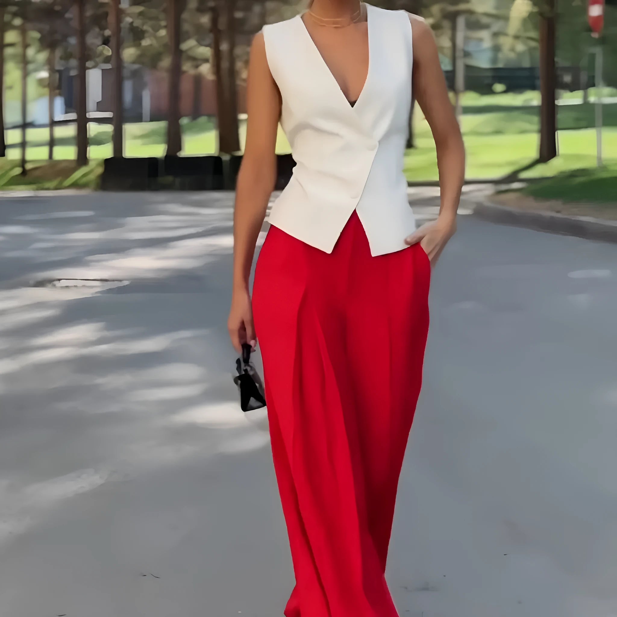 Women's beige deep V-neck sleeveless top with matching high-waist wide-leg trousers two-piece set