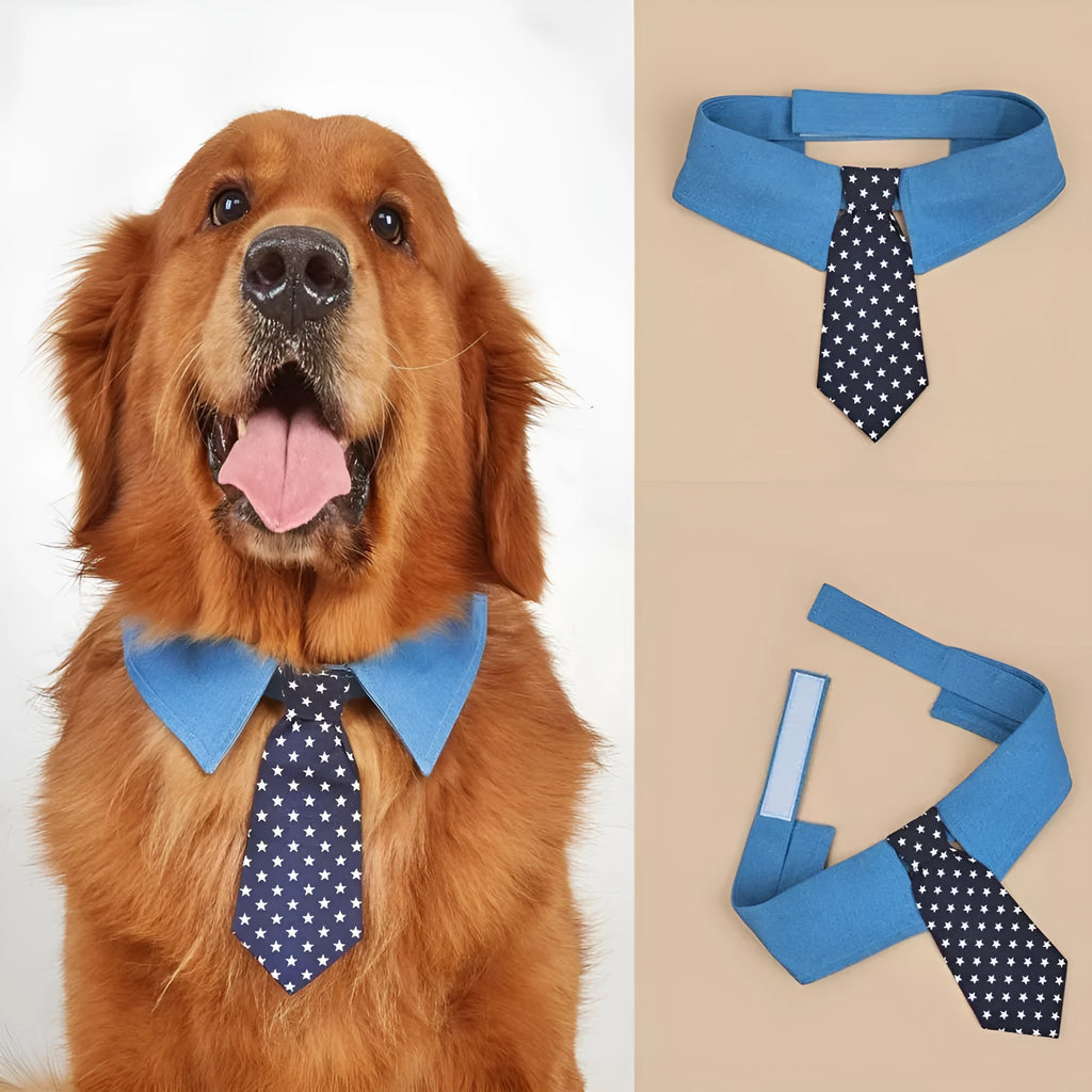 Adjustable denim dog collar with star pattern, shown as a bow tie style on a dog.