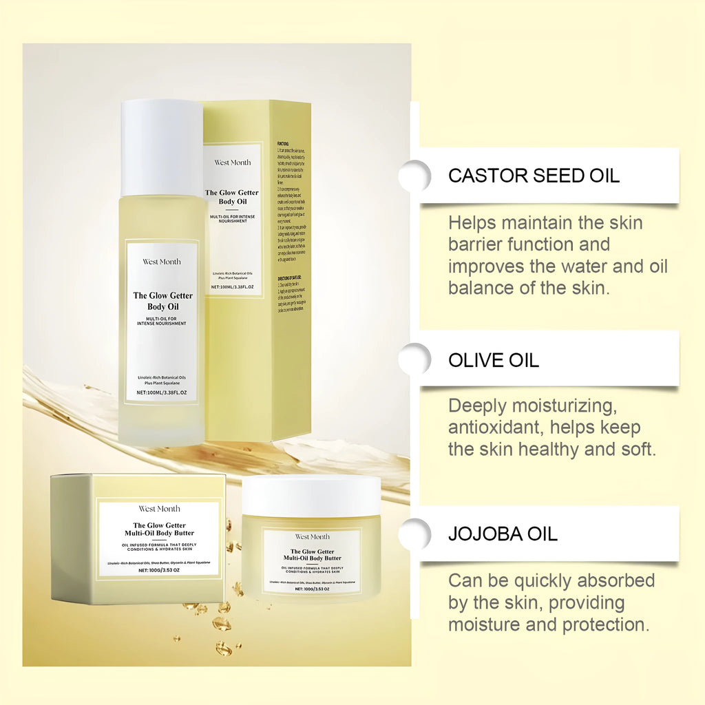 Body care kit with 100ml skincare oil and 100g moisturising cream in packaging