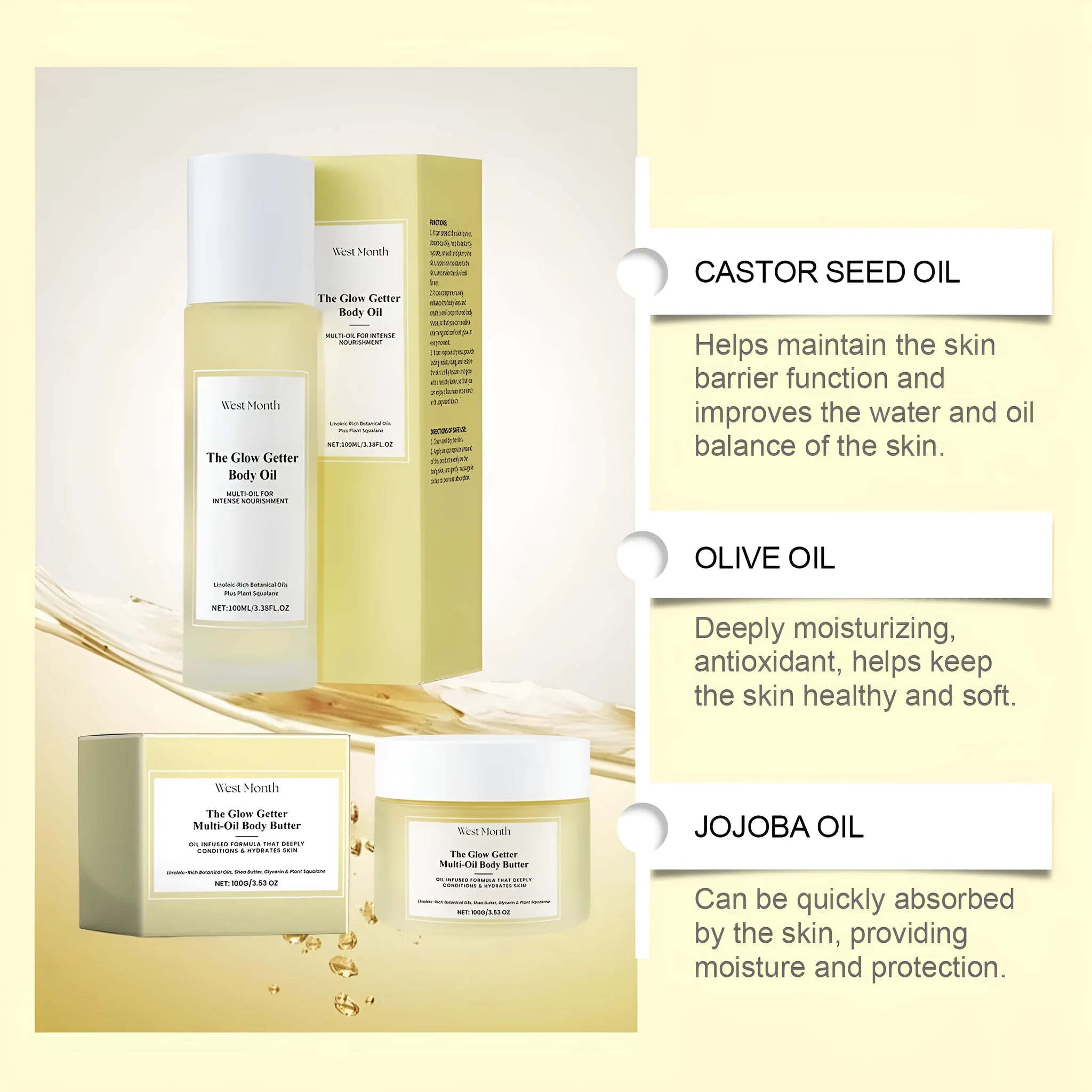 Body care kit with 100ml skincare oil and 100g moisturising cream in packaging
