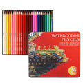 Metal tin open to show 24 water-soluble coloured pencils and a brush for painting techniques.