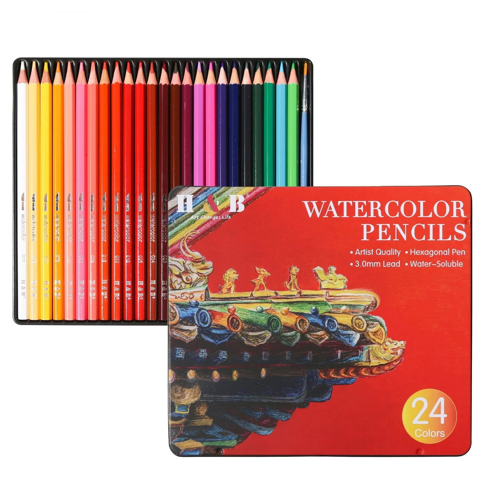 Metal tin open to show 24 water-soluble coloured pencils and a brush for painting techniques.