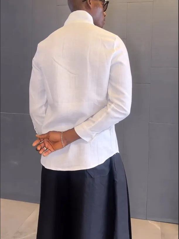 White asymmetric front long sleeve shirt with black pleated trousers casual set
