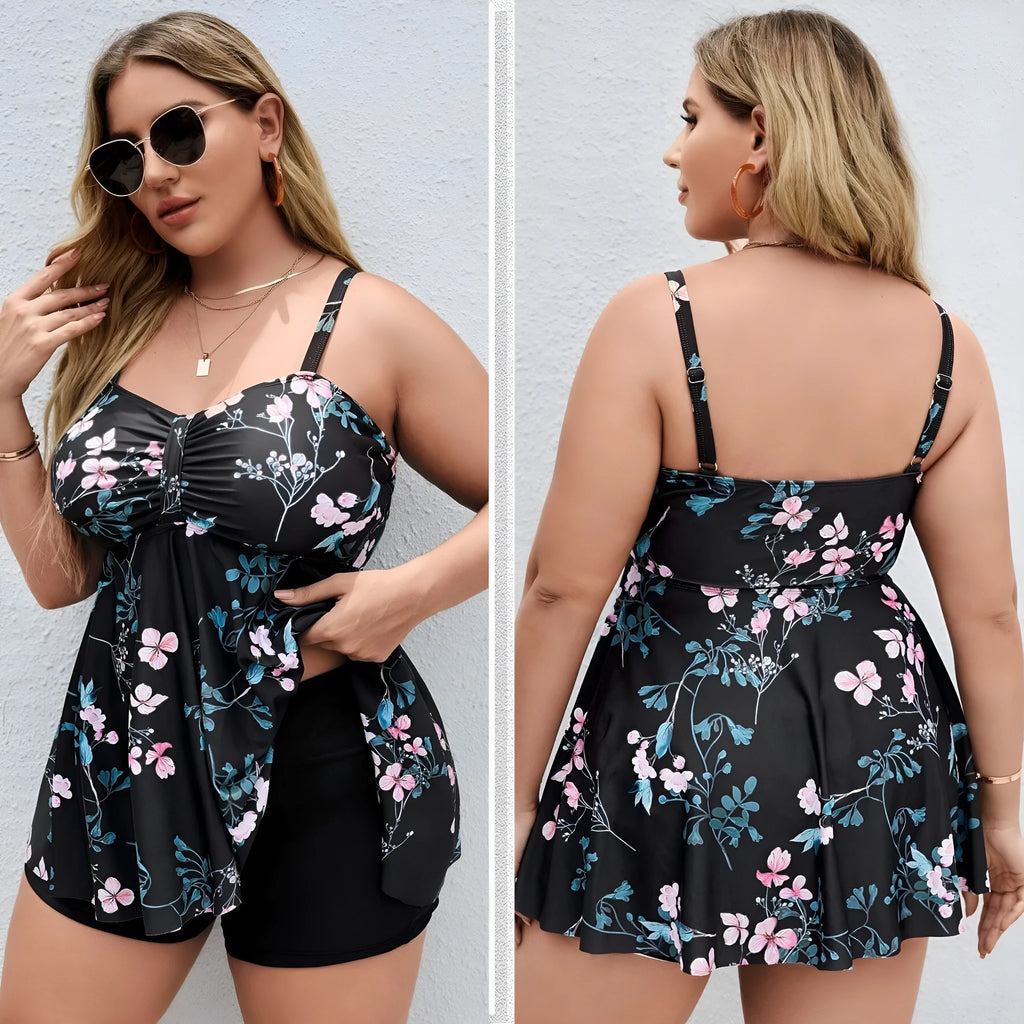 Women's floral print one-piece swimsuit with split-colour design in extended sizes from 0XL to 4XL.
