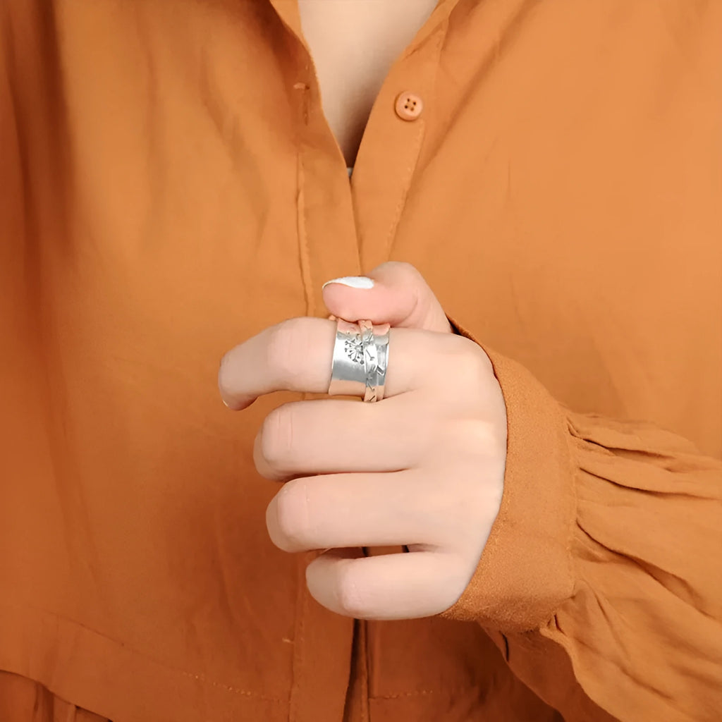 Silver rotatable flower ring in European American style with five size options displayed