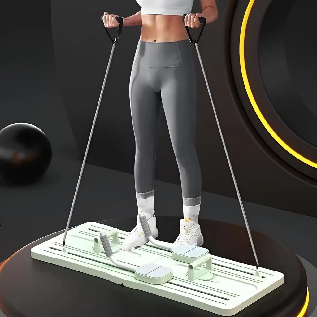 Purple, black, and pink portable foldable PP plastic fitness belly panel for core exercises.