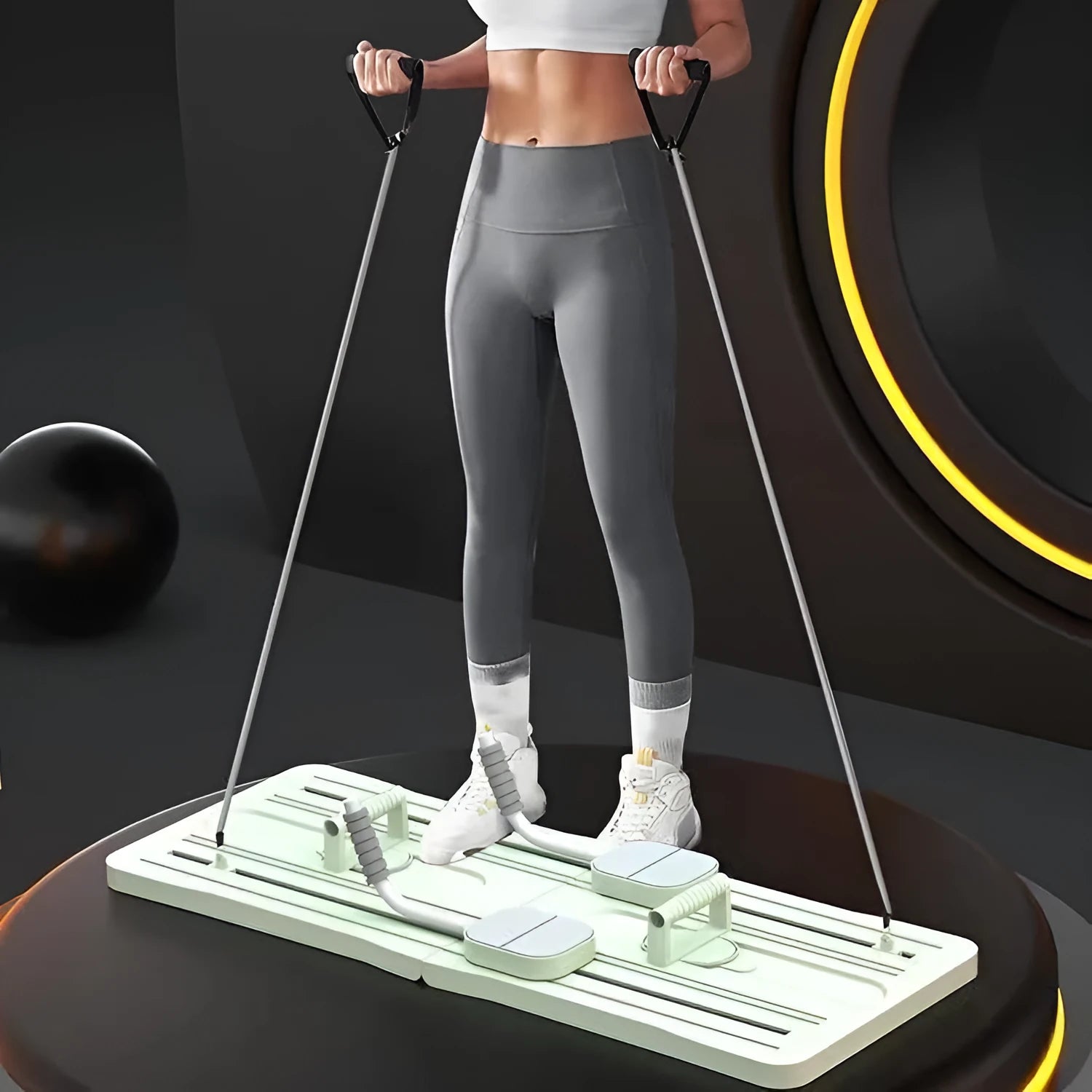 Purple, black, and pink portable foldable PP plastic fitness belly panel for core exercises.