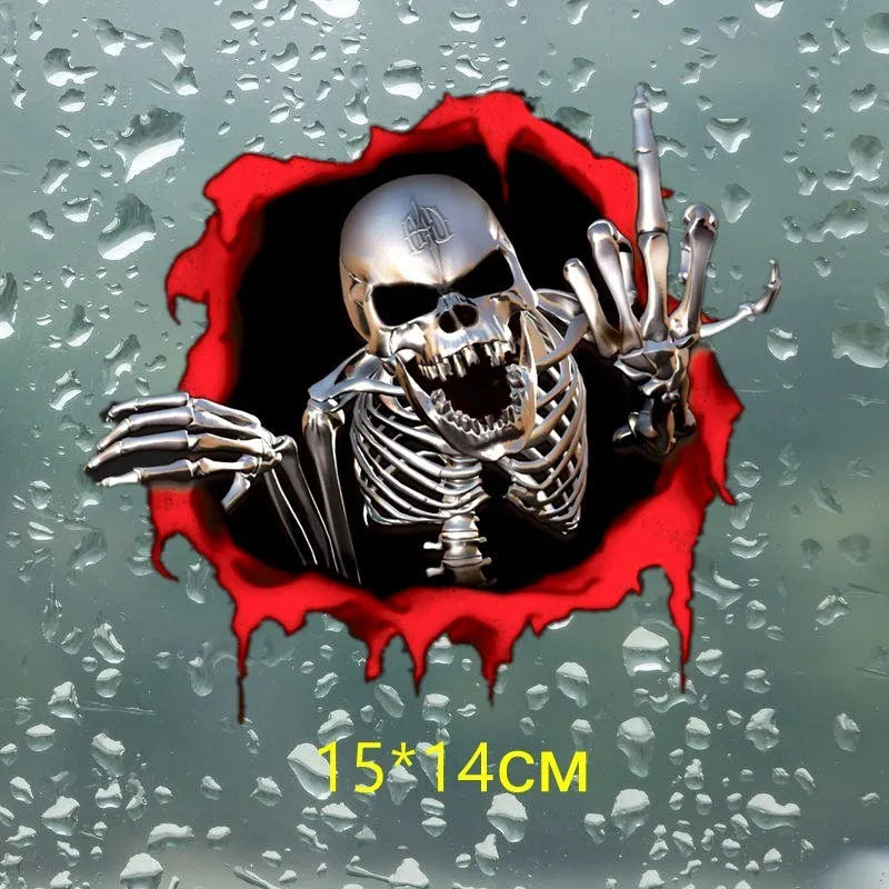 Close-up of a colourful reflective metal skull vinyl car sticker with a broken shell pattern.