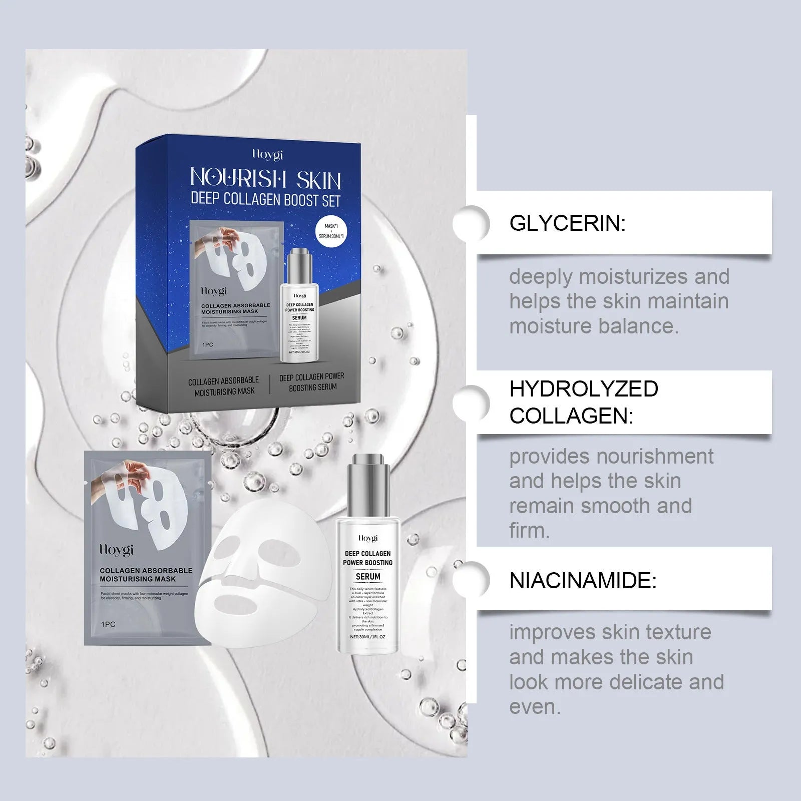 Collagen moisturising suit showing facial mask and 30ml essence bottle for skincare hydration
