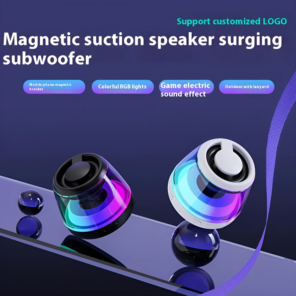 White portable Bluetooth speaker with magnetic base and ambient light on a metal surface.