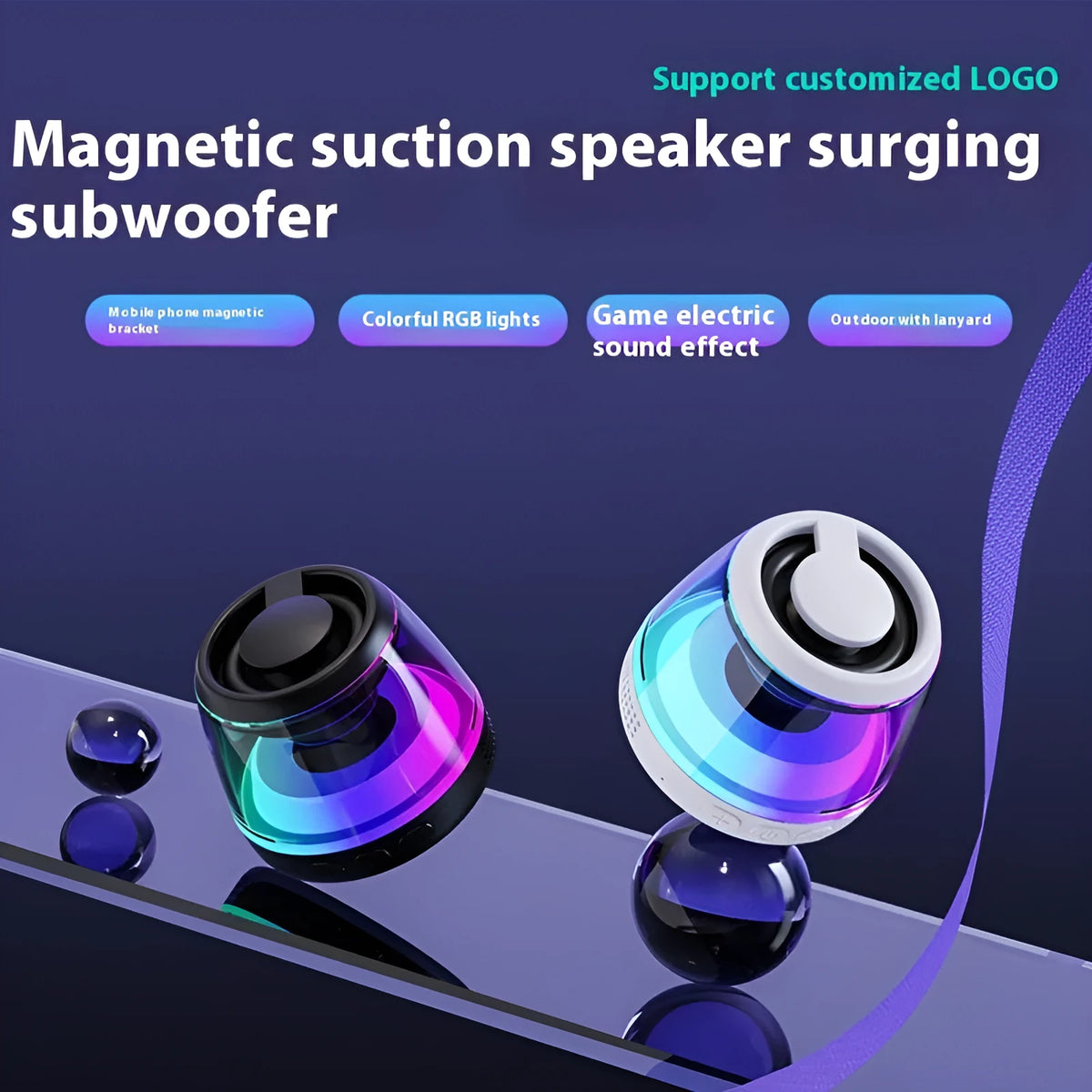 White portable Bluetooth speaker with magnetic base and ambient light on a metal surface.