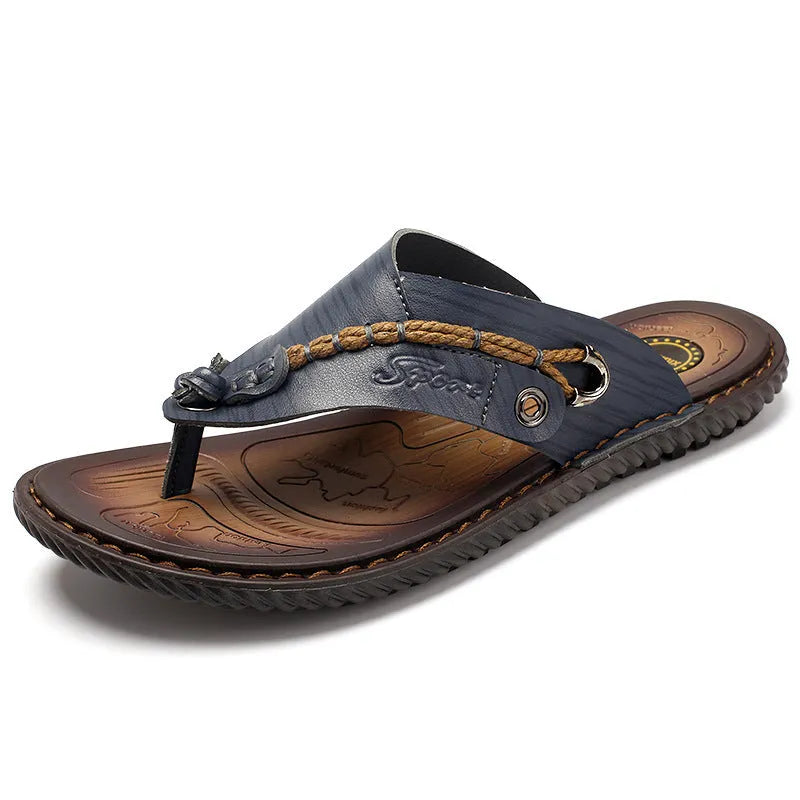 Men's non-slip casual slippers with PU leather upper in black, light brown, blue, and khaki colour options