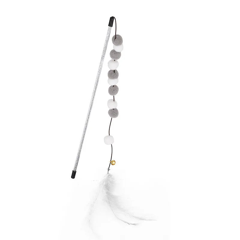 Colourful cat teaser toy stick with acrylic pompon, feathers, and a bell on a 31cm rod