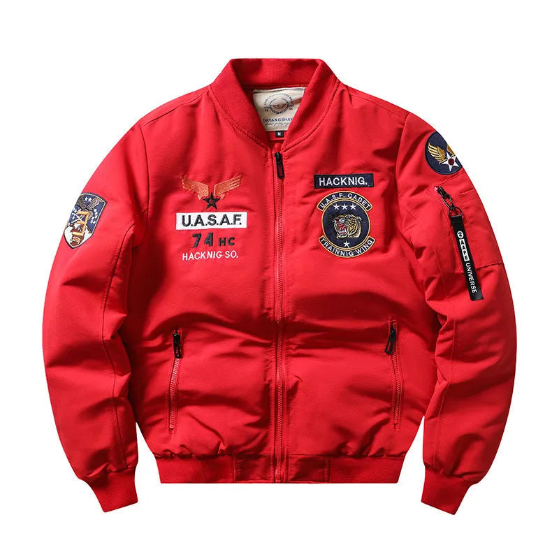 Men's slim-fit black retro motorcycle jacket with stand collar and patch pockets