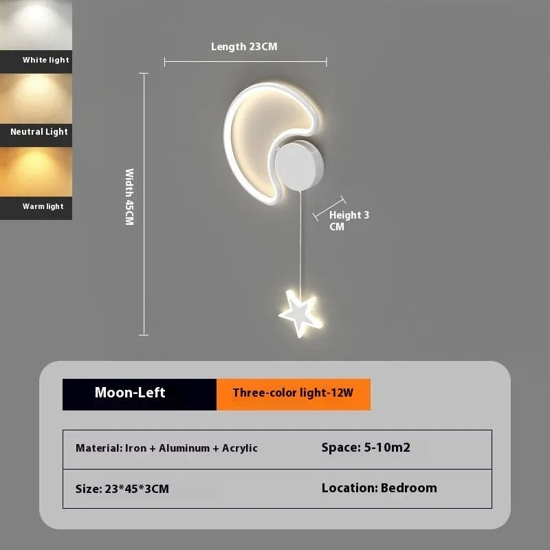 Cartoon cloud, moon and five-pointed star shaped bedside wall lamp for a children's bedroom in black or white.