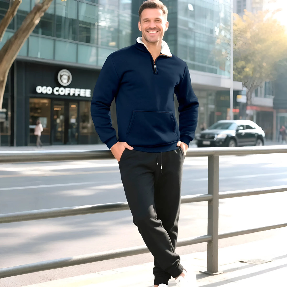 Men's colour-block zip knit sweater, short sleeve polyester fleece pullover, five colours, sizes S-XXXL