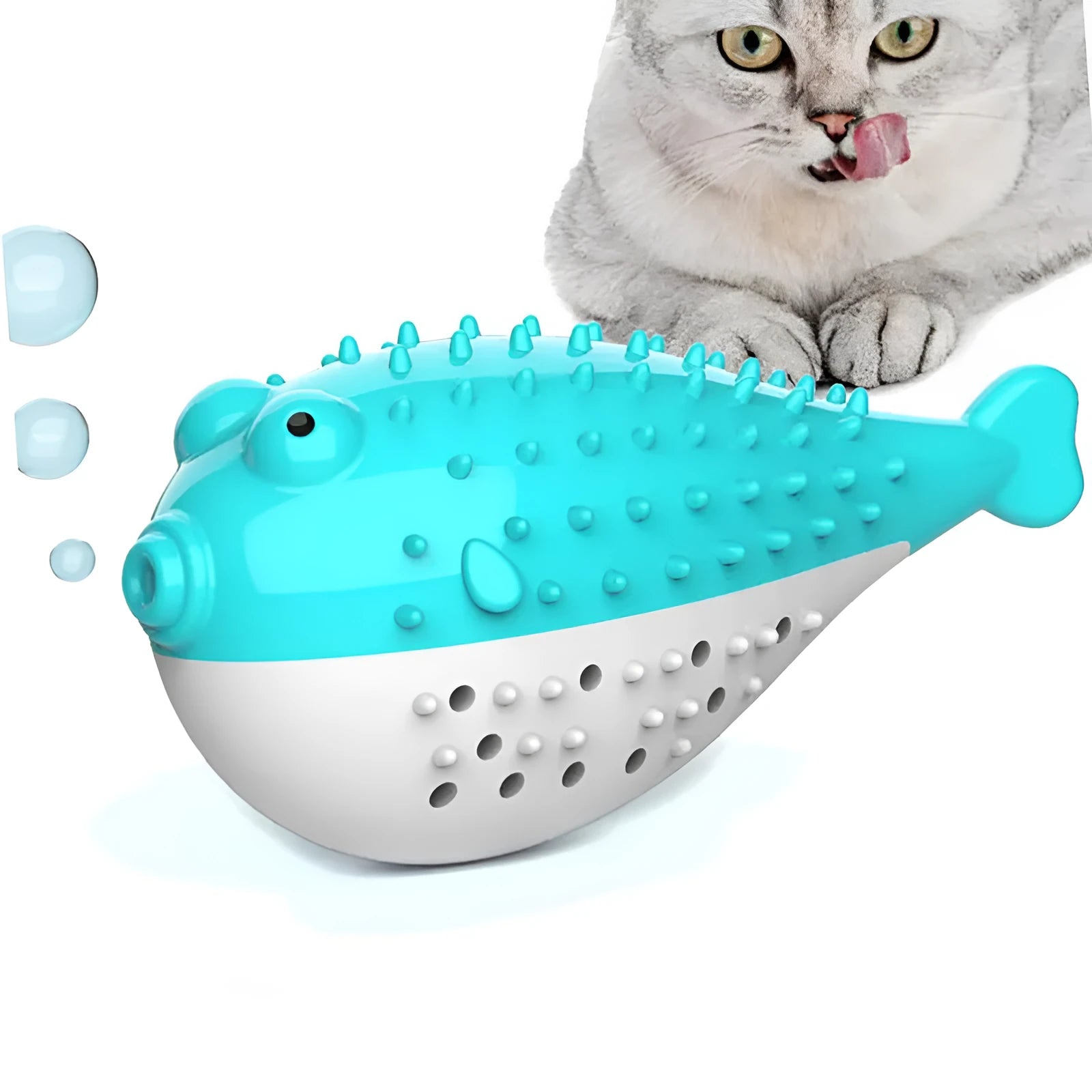Mint Toys silicone fish-shaped cat chew toy in four colour options on white background
