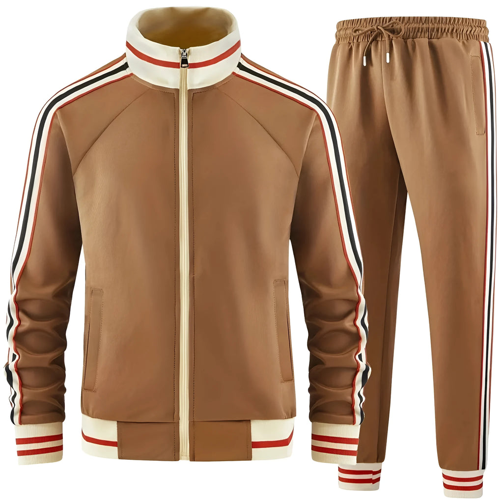 Mens khaki turtleneck zipper cardigan and trousers two-piece suit set on hanger
