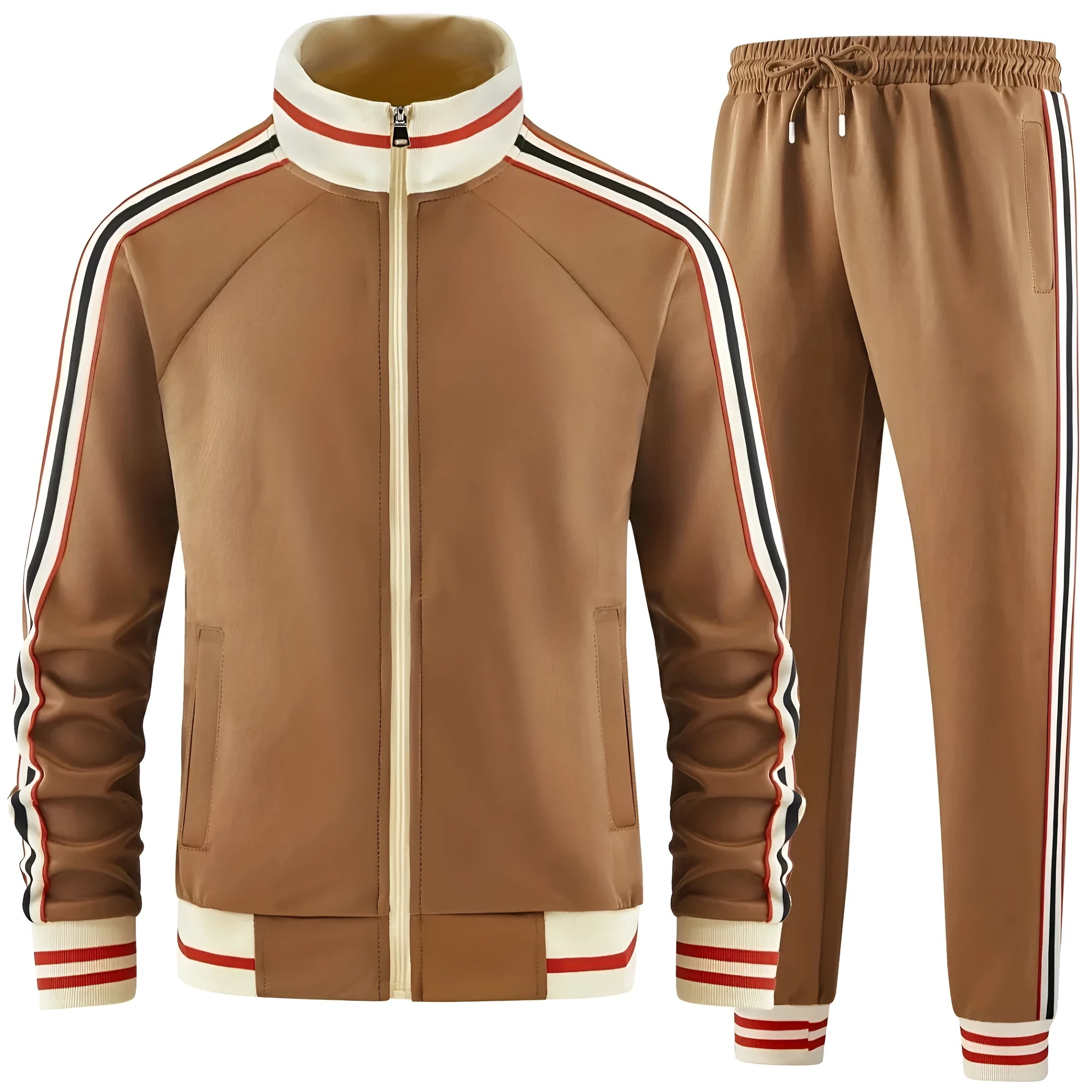 Mens khaki turtleneck zipper cardigan and trousers two-piece suit set on hanger