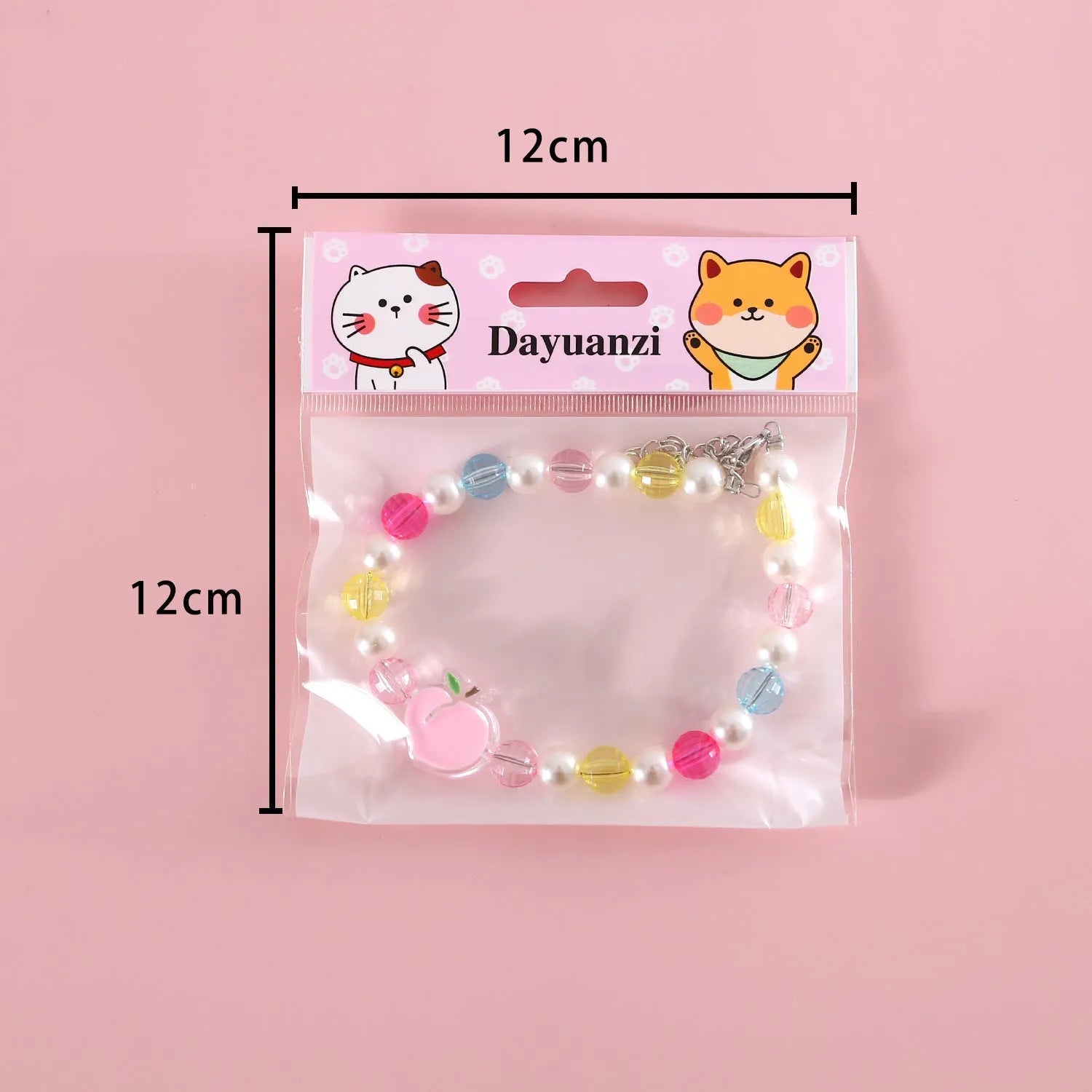 Colourful plastic bead cat necklace with adjustable sizing in peach, rainbow, and small flower patterns
