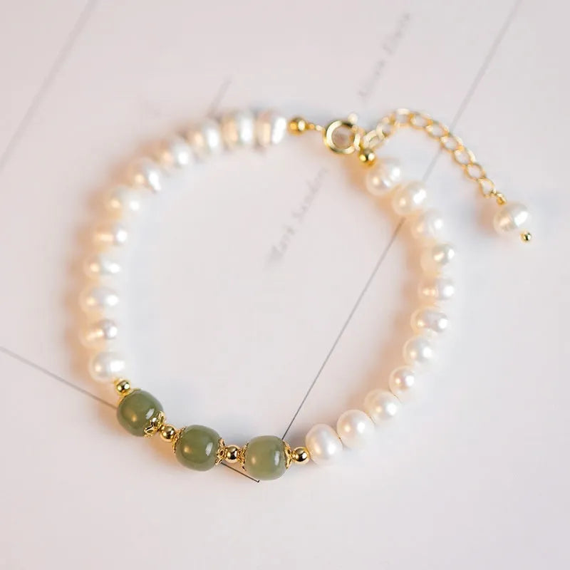 Korean style freshwater pearl bracelet with diamond-shaped electroplated beads in Hetian jade colour