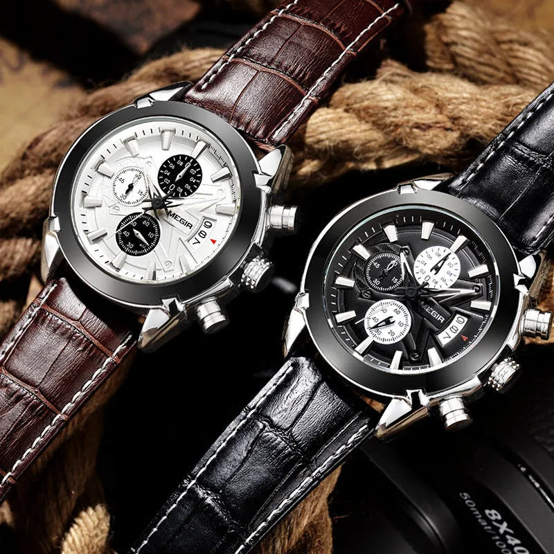 Men's analogue chronograph watch with three dials, six hands, luminous display and waterproof casing