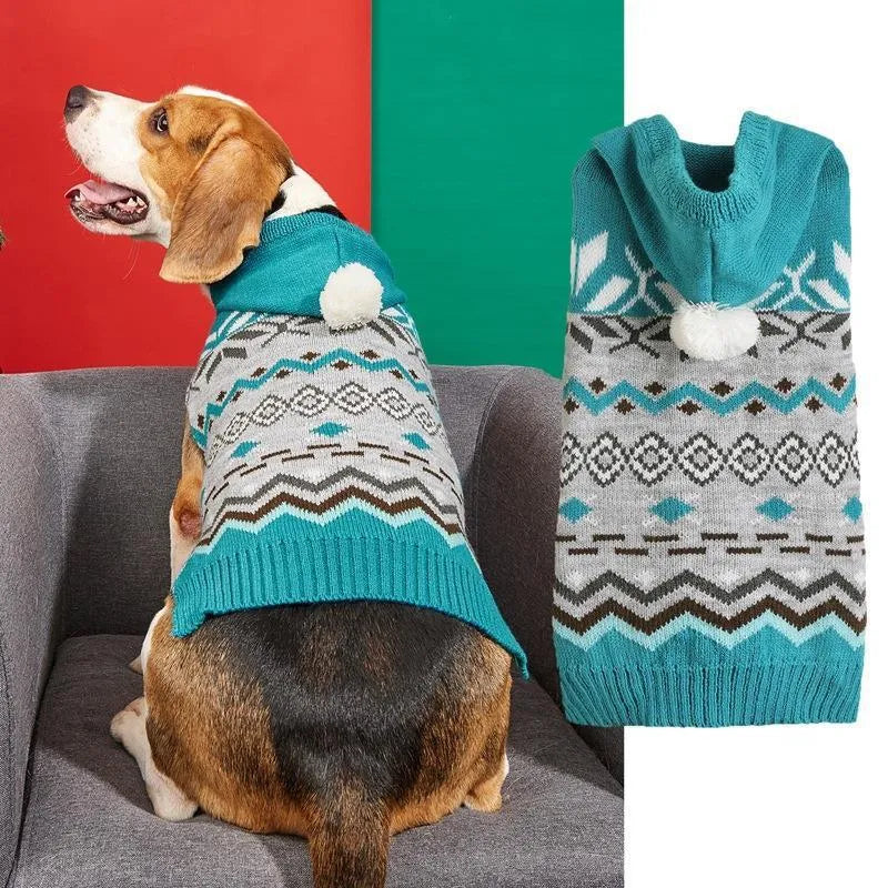 Blue diamond pattern acrylic dog sweater shown on small breed dog