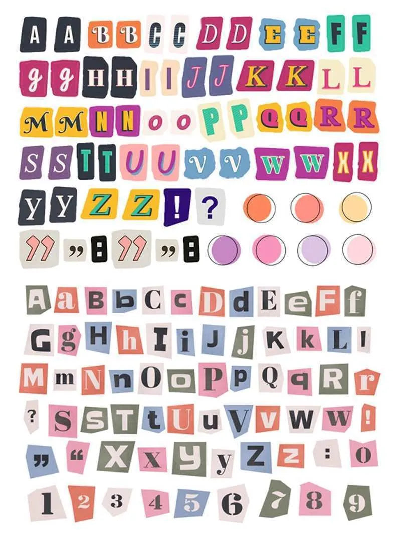 English letters and numbers symbol label stickers showing A, B, C, D, E letters and weekly words in cute printed style