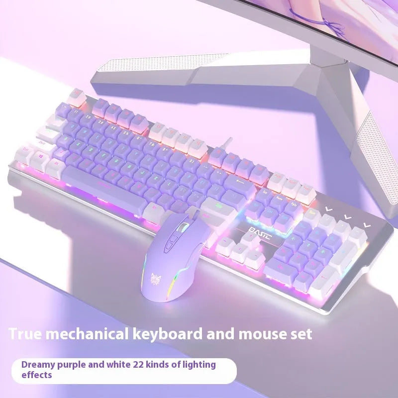 Purple and white wired mechanical keyboard and mouse combo set on a desk.