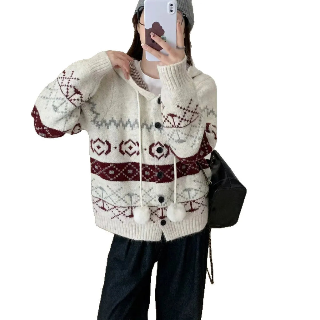 Plus size women's loose fit brocade sweater coat with geometric pattern in milky white