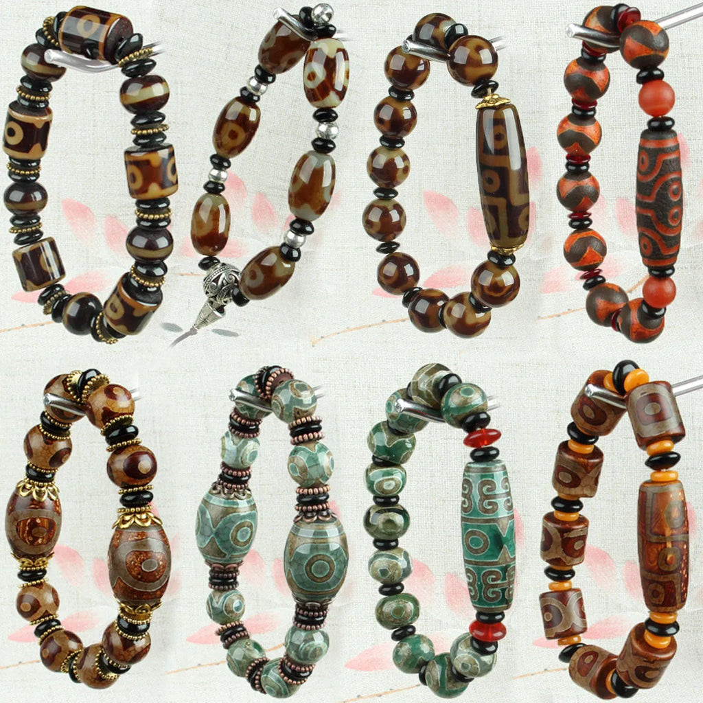 Distressed agate Tibetan beads bracelet featuring Three-eye Dzi and polished agate beads.