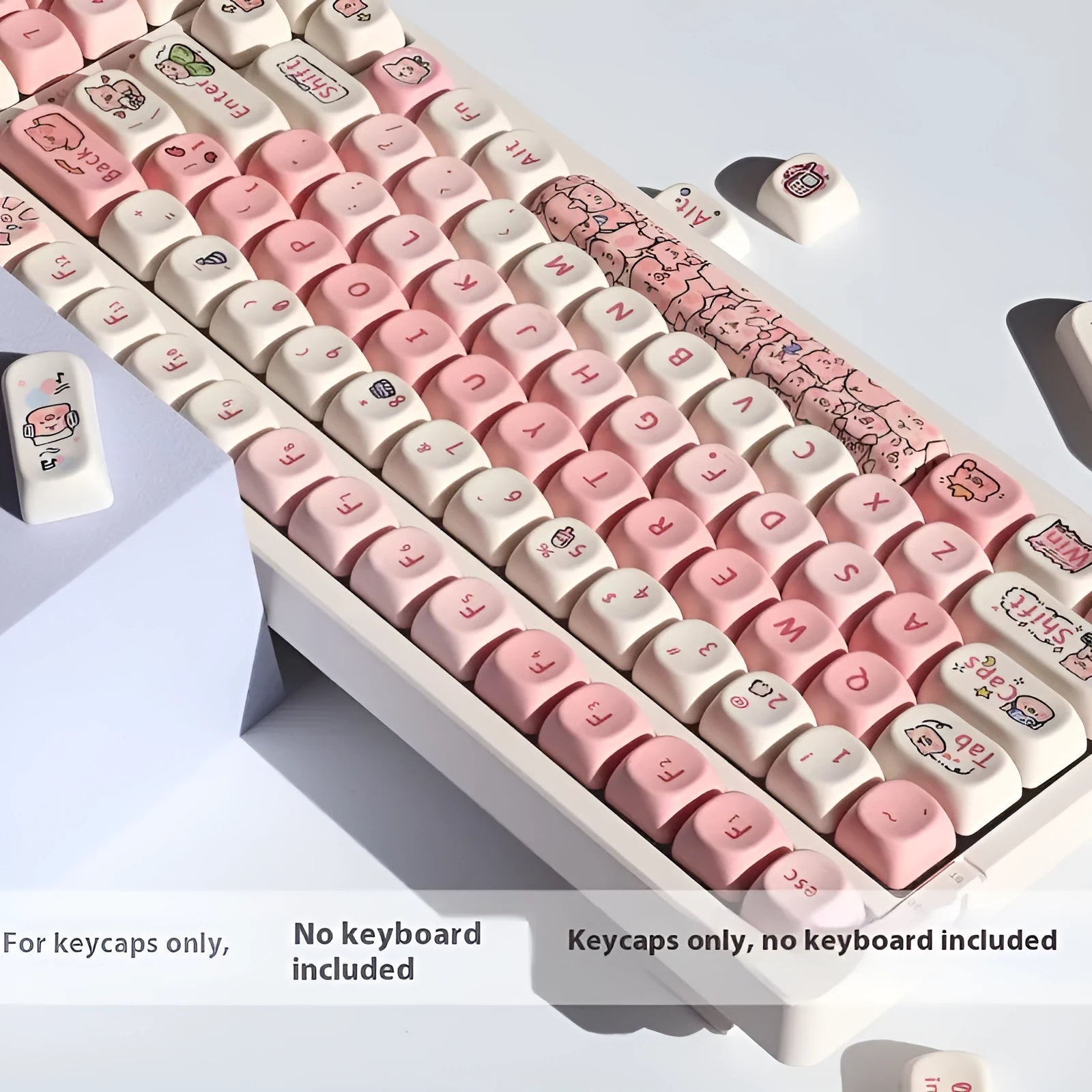 Pink PBT keyboard key cap with a colourful fragrant pig design on the top and sides.