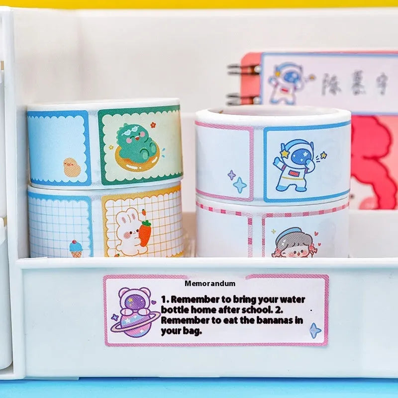 Roll of colourful cartoon message index stickers showing dinosaur, astronaut, rabbit, and girl designs.