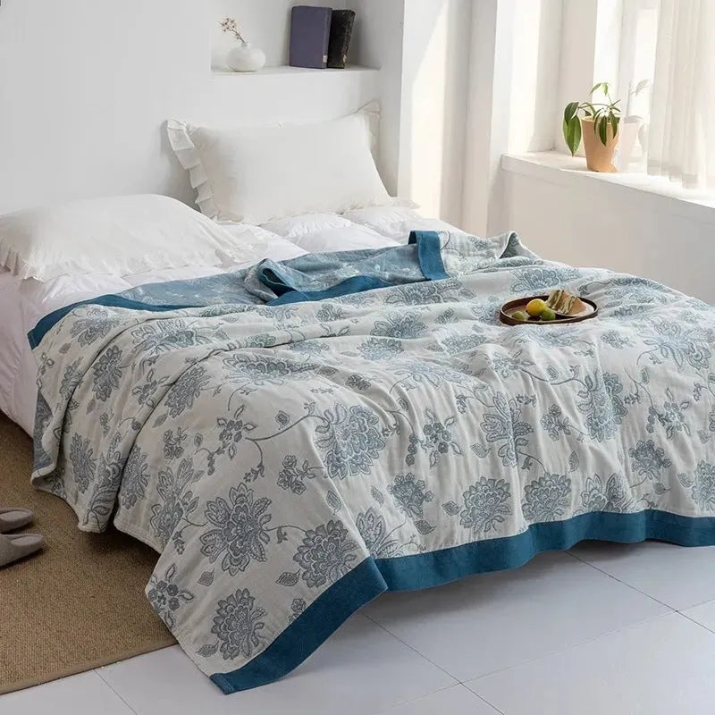 Thickened five-layer gauze pure cotton bed sheet blanket in Roulette Wheel Blue pattern showing modern simplicity design