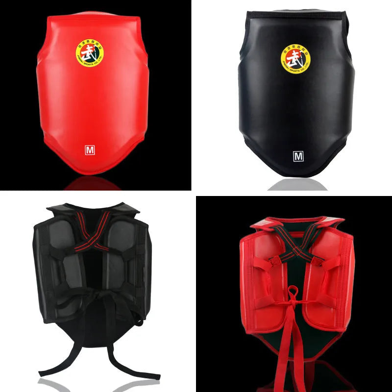 One-piece red boxing helmet and chest protector for training.