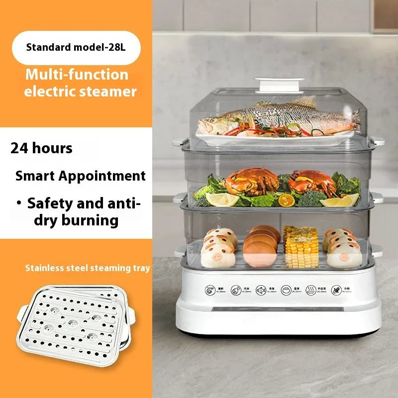 28-litre capacity electric steamer with stainless steel steaming rack and automatic measuring function.