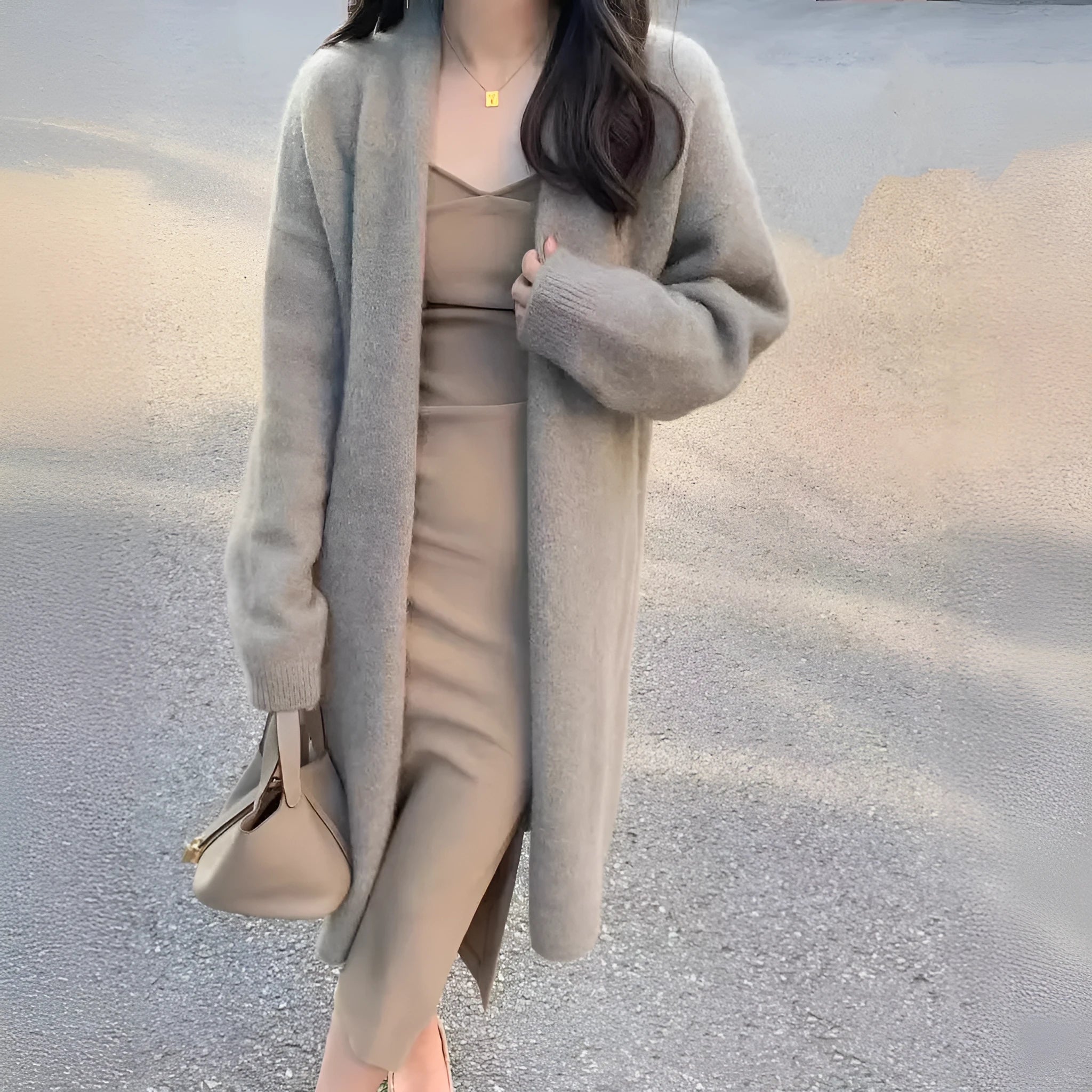 Women's knitted mid-length cardigan with V-neck in khaki colour showing loose fit design