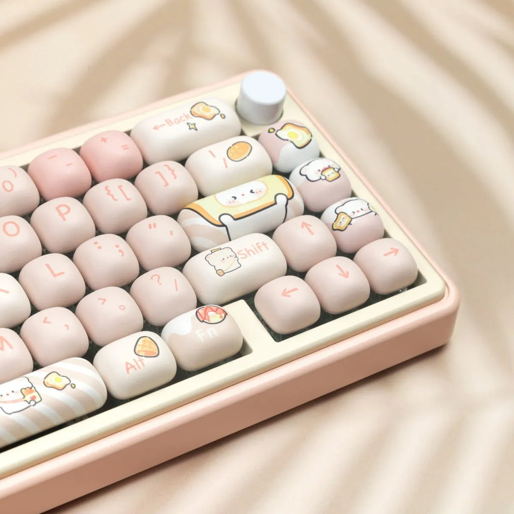 MOG Steamed Bread Bread Bear themed PBT keycap set for mechanical keyboards, showing colourful character designs.