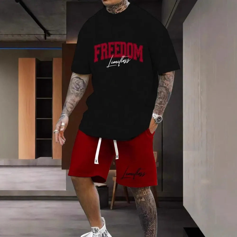 Men's 3D printed letter personality suit set showing short sleeve top and shorts in a bold colour.