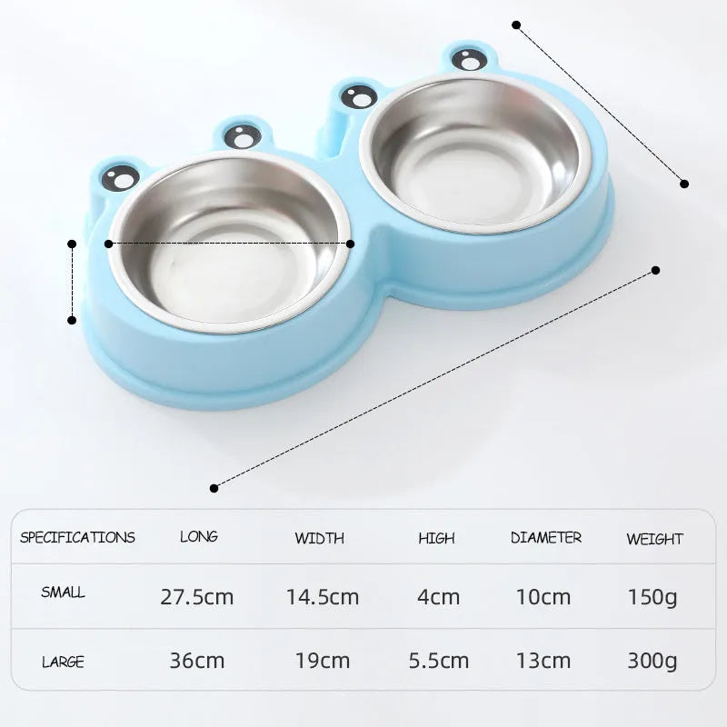 Stainless steel double pet bowl with frog-shaped non-slip base in blue, green, and pink colours